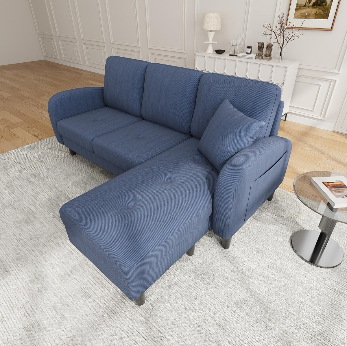SOFA modular mit Chaiselongue 166 x 118 x 77 cm Cord Blue - Blau, Holz (118/166cm) - Meubliv