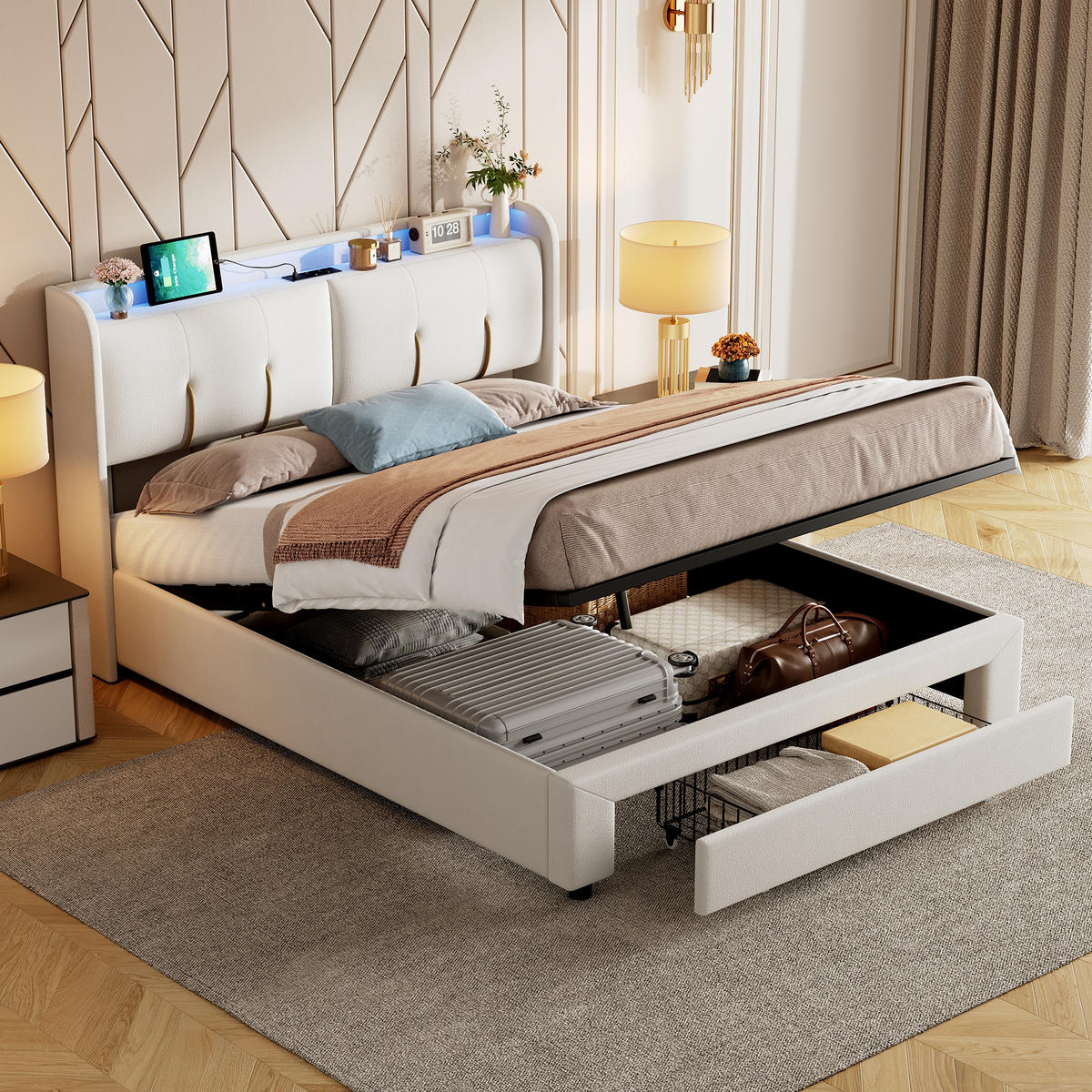 POLSTERBETT 140x200 cm, Doppelbett mit LED & USB - Weiß, Textil/Metall (140/200cm)