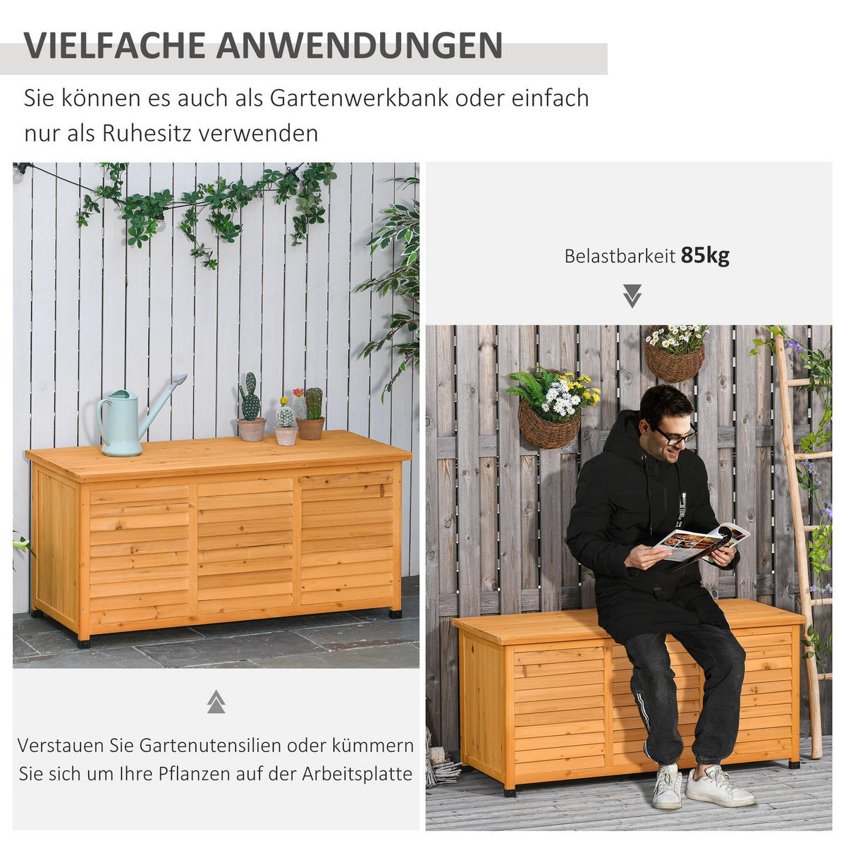 GARTENBOX 127/56/60 cm aus Fichtenholz mit aufklappbarem Deckel und viel Stauraum, Gelb - Gelb, Holz (56/60/127cm) - Redom