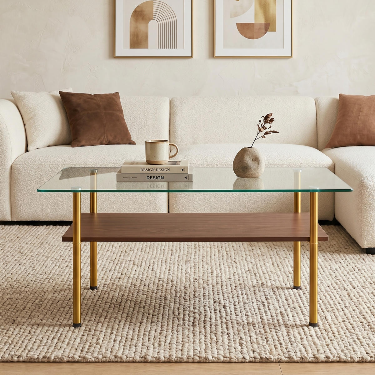 COUCHTISCH rechteckig Holzoptik/Gold aus Glas/MDF/Metall 98/58/45 cm - Transparent/Goldfarben, Glas/Holzwerkstoff (98/58/45cm)