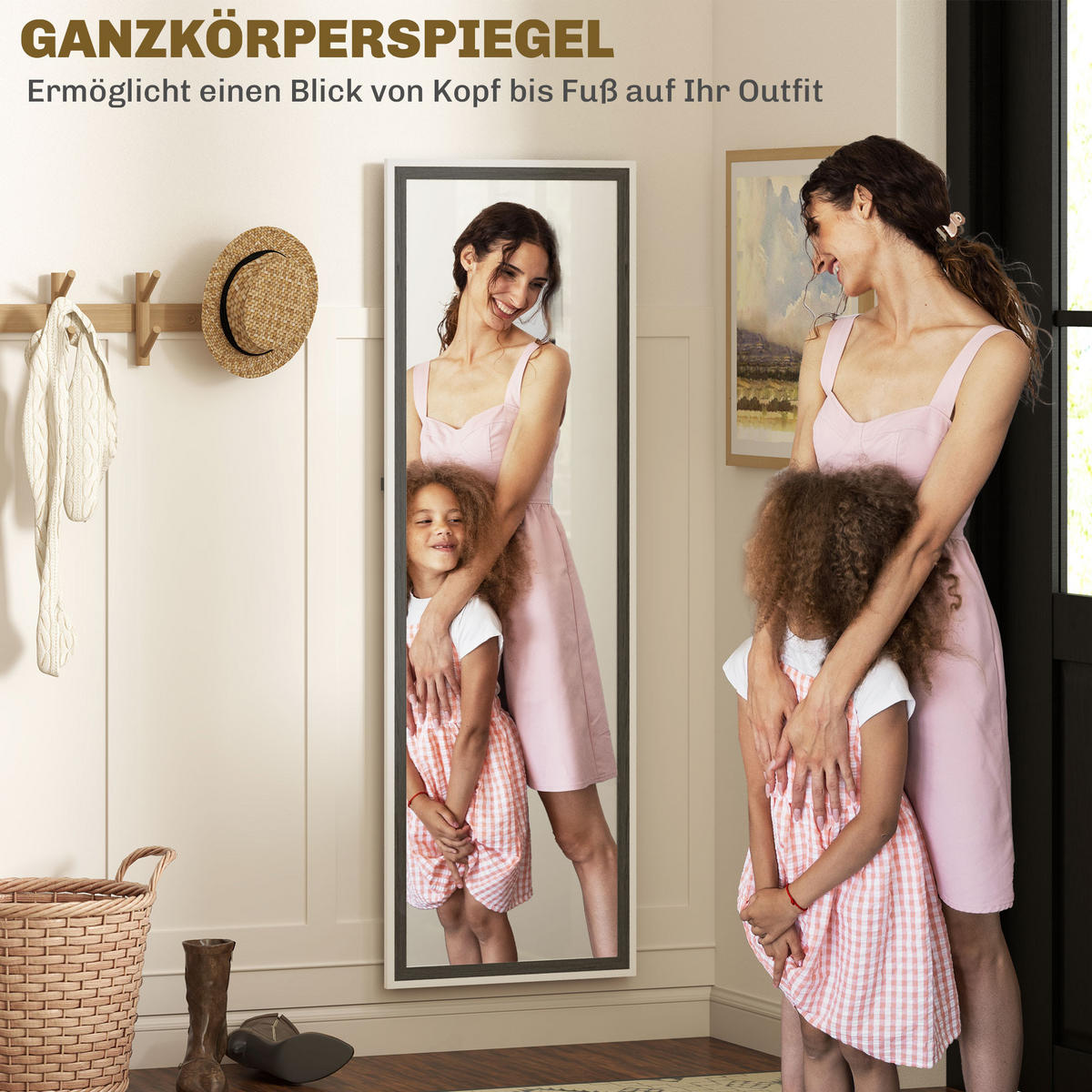 GANZKÖRPERSPIEGEL, 162,6 x 53,5 cm Standspiegel mit Ständer, Grau+Weiß - Weiß/Grau, Glas (53.3/162.6/2.5cm) - HOMCOM