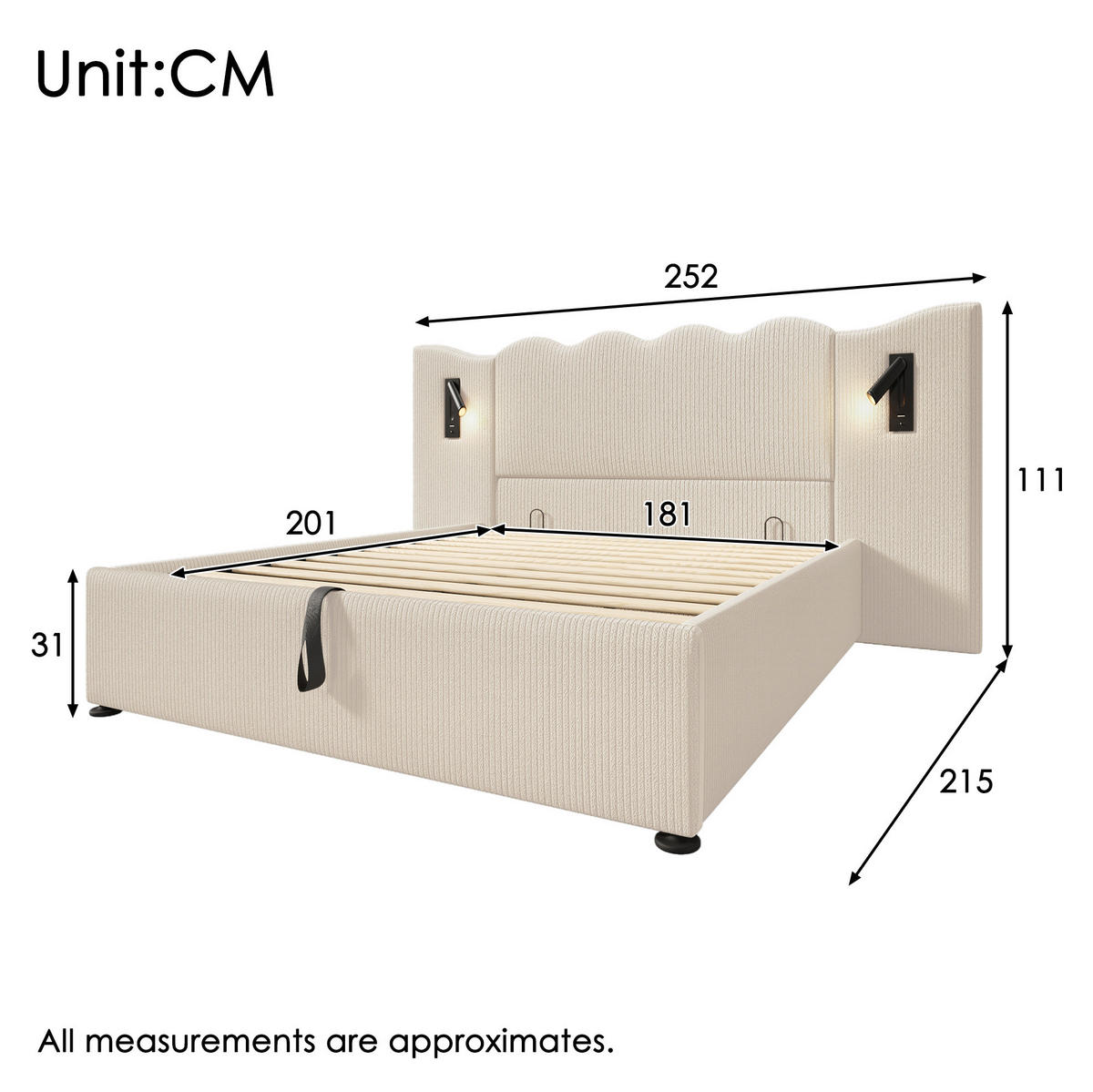 POLSTERBETT aus Cordstoff 180x200 cm Beige-Weiß mit Stauraum, Leselampe und USB-C - Beige, Textil (180/200cm) - IVMEU