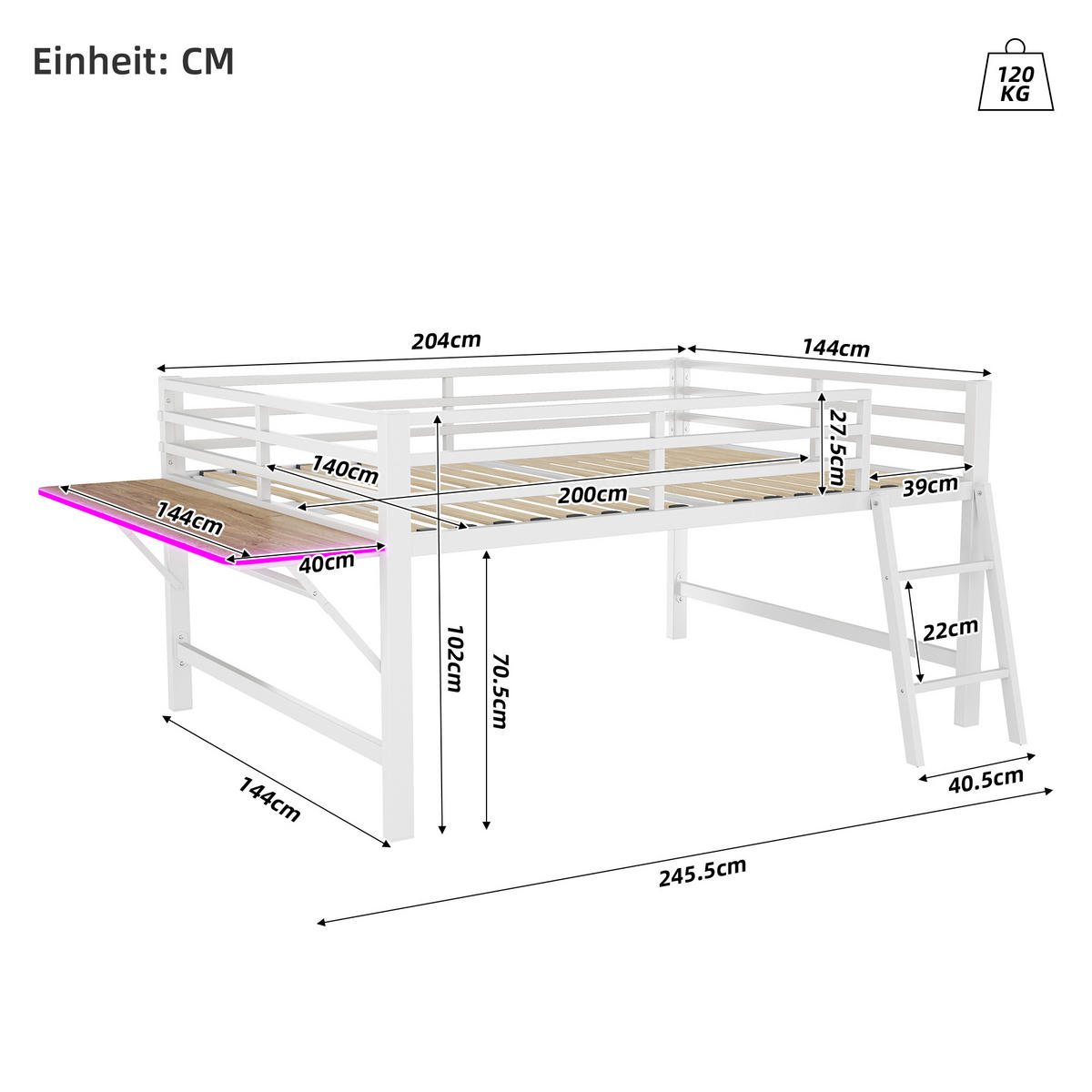 HOCHBETT 140/200 cm Metallbett mit Schreibtisch und LED-Beleuchtung weiß - Weiß, Metall (140/200cm) - OKWISH