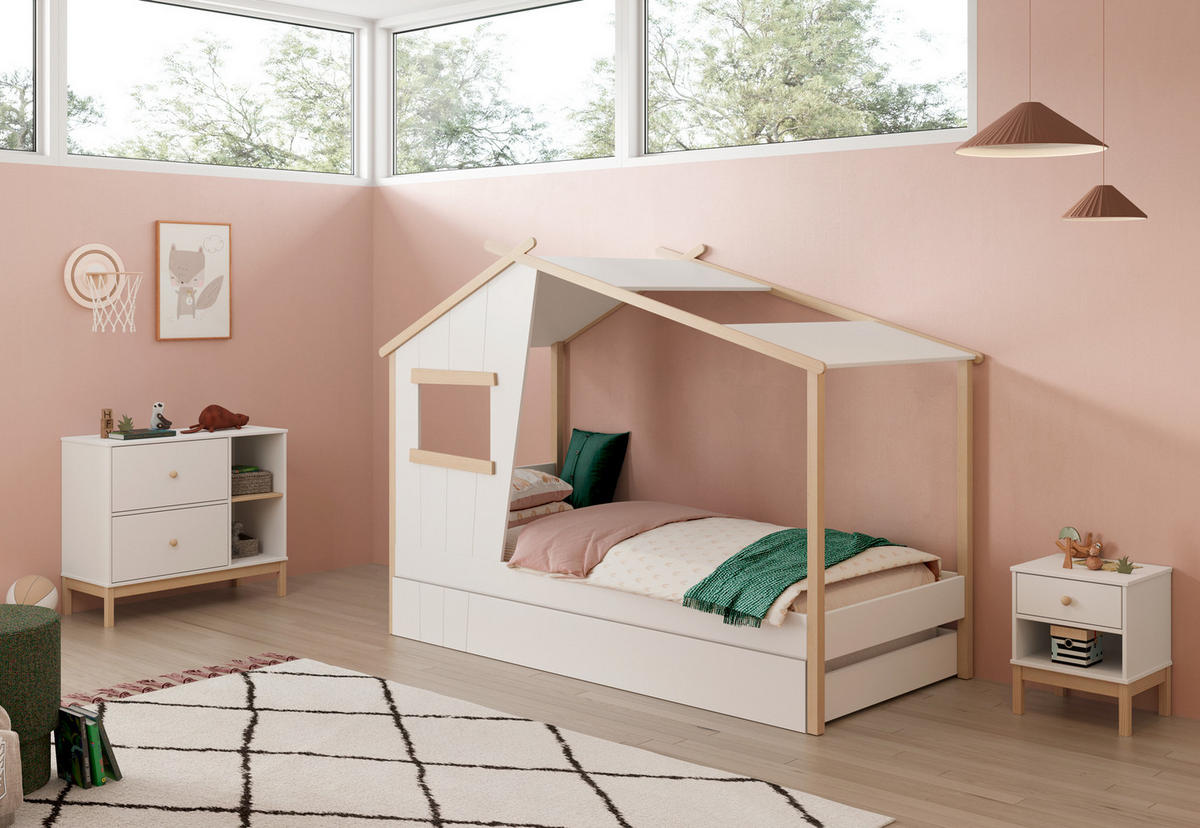 HÜTTENBETT mit schrägem Dach und verspieltem Fenster 90x190 cm 103/215,4/158.5 cm - Weiß, Holz (190/90cm) - Calicosy