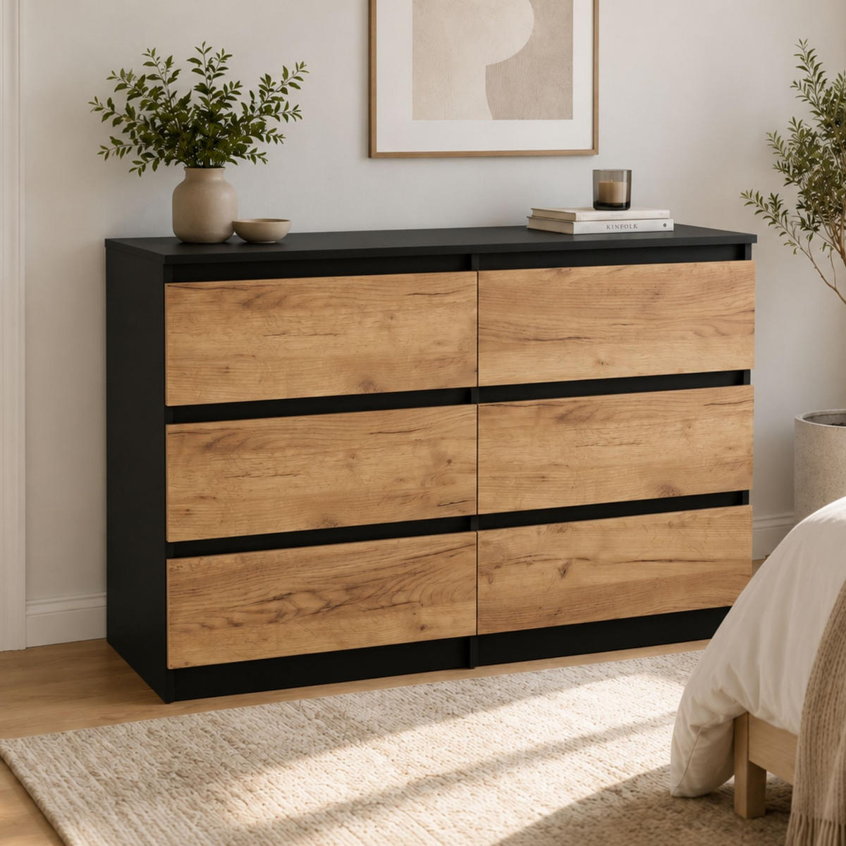 KOMMODE mit fünf Schubladen in Schwarze Craft-Eiche - Schwarz/Naturfarben, Holzwerkstoff (120/77/40cm) - Home Collective