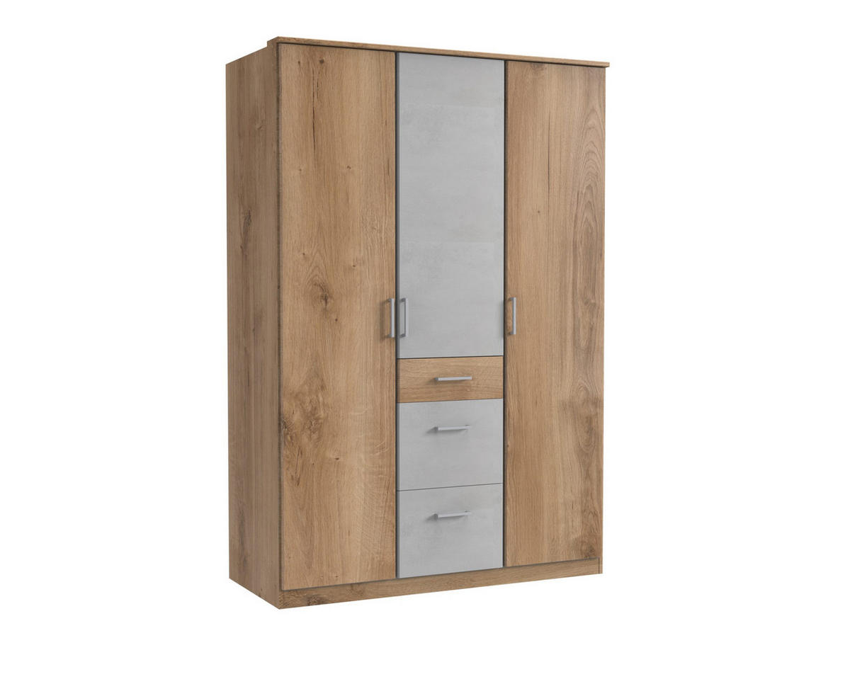 KLEIDERSCHRANK Click in Plankeneiche Beton Lichtgrau - Drehtürenschrank 135 cm Breite ohne Spiegel - Braun, Holzwerkstoff (135/199/58cm)