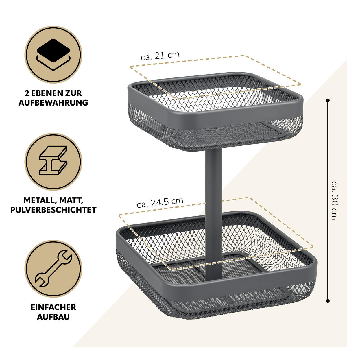 OBSTETAGERE, eckig, 2-stöckig, Ø 20 cm und 25 cm, grau, Metall - Grau, Metall (30cm) - eluno