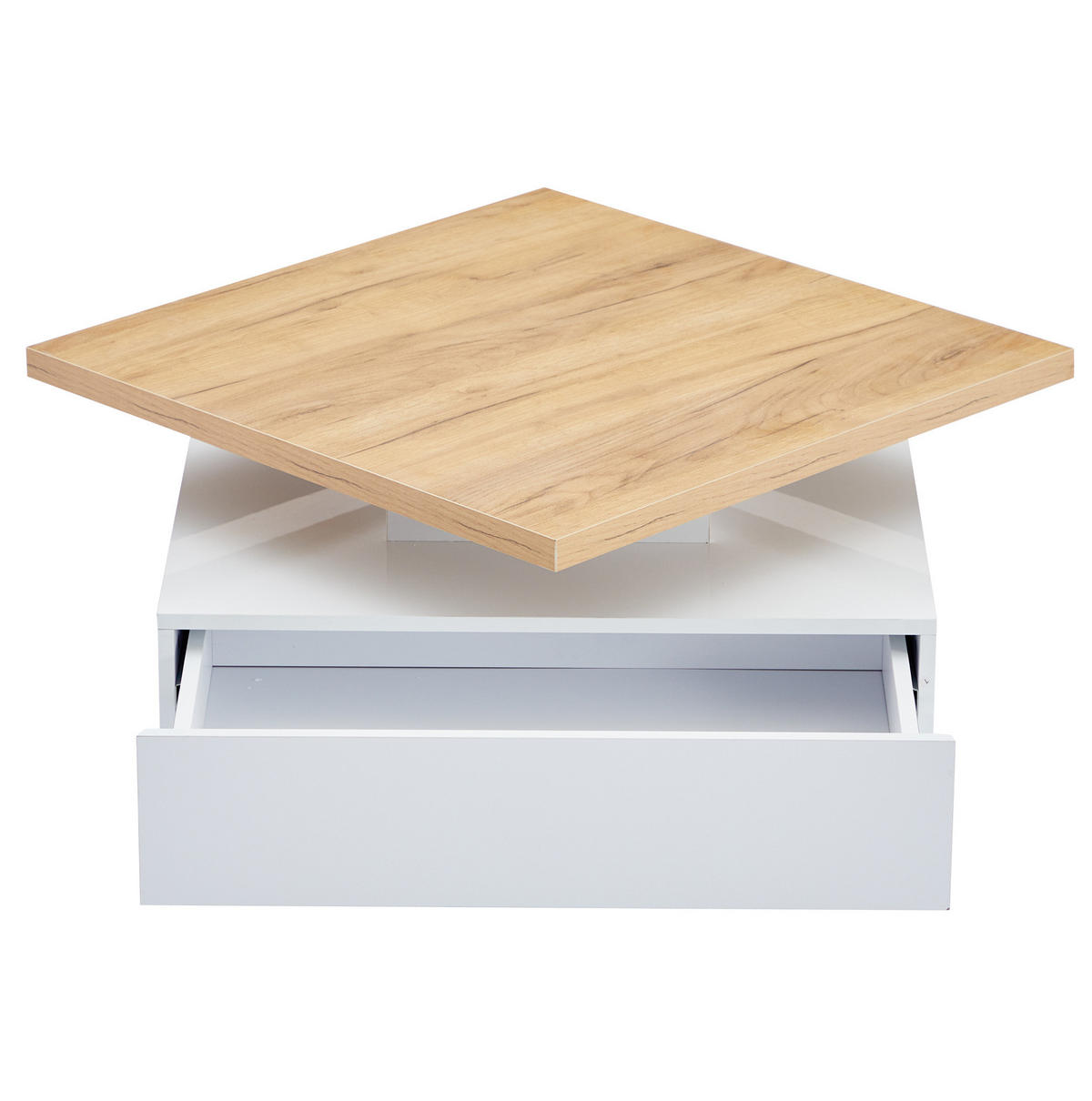 COUCHTISCH aus Spanplatte 70x70x36 cm Weiß/Walnuss mit 360° drehbarer Tischplatte und Schublade - Weiß, Holzwerkstoff (70/70/36cm) - IVMEU