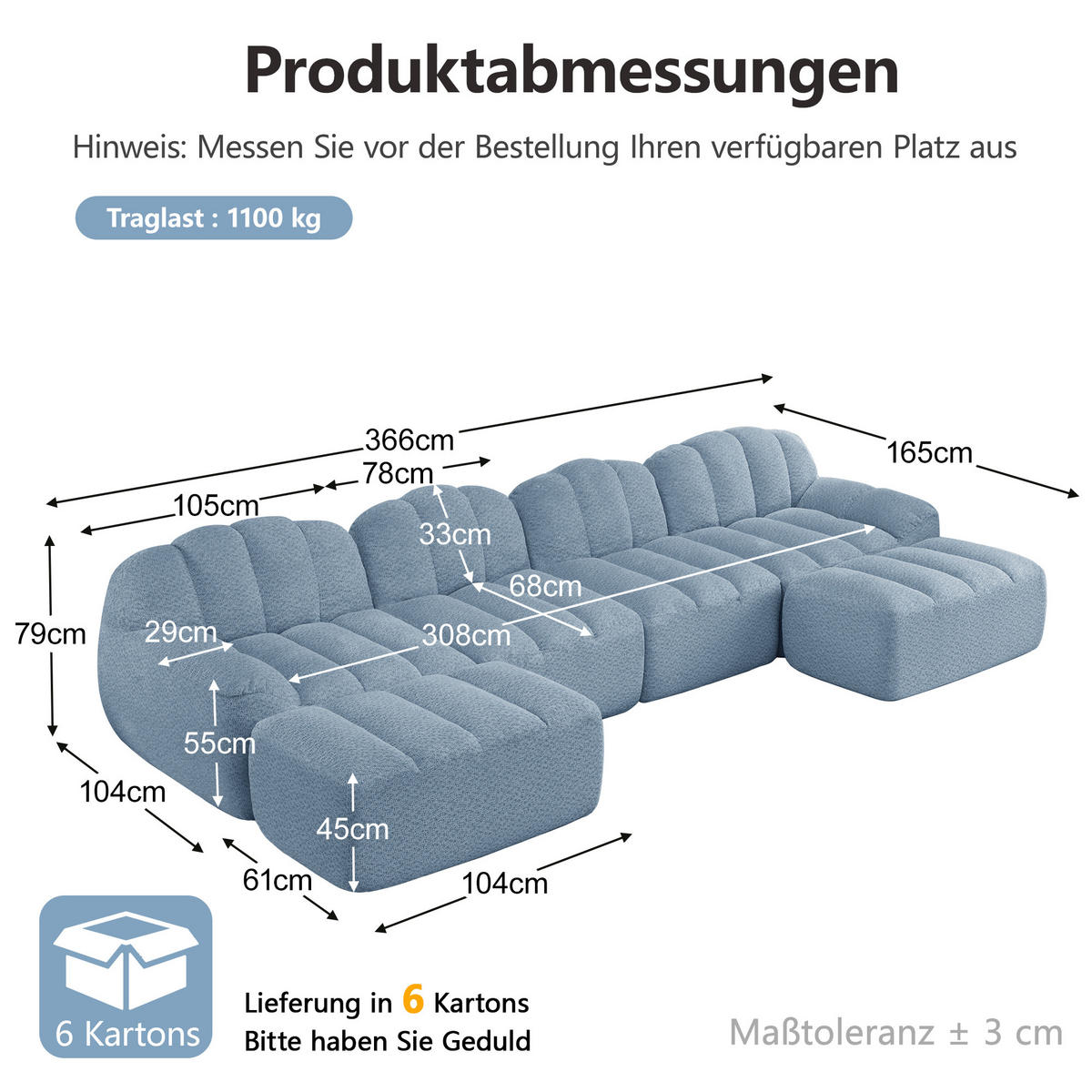 WOHNLANDSCHAFT DE-34312 4-Sitzer mit 2 Ottomans Blau - Blau, Textil (165/79/366cm) - ComfortXL