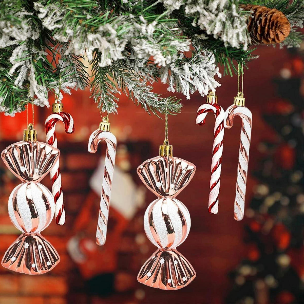 WEIHNACHTSBAUMSCHMUCK 18-teiliges Set Zuckerstangen & Kugeln Roségold - Pink, Kunststoff (5/3/14cm)