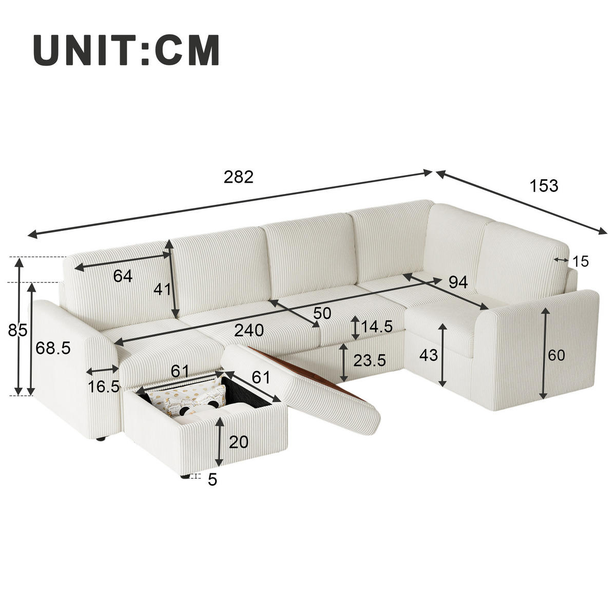 SOFA Beige L-Form Cord Ecksofa Hocker Schaumstoff 282cm - Beige, Textil (40/82/160cm) - FLIEKS
