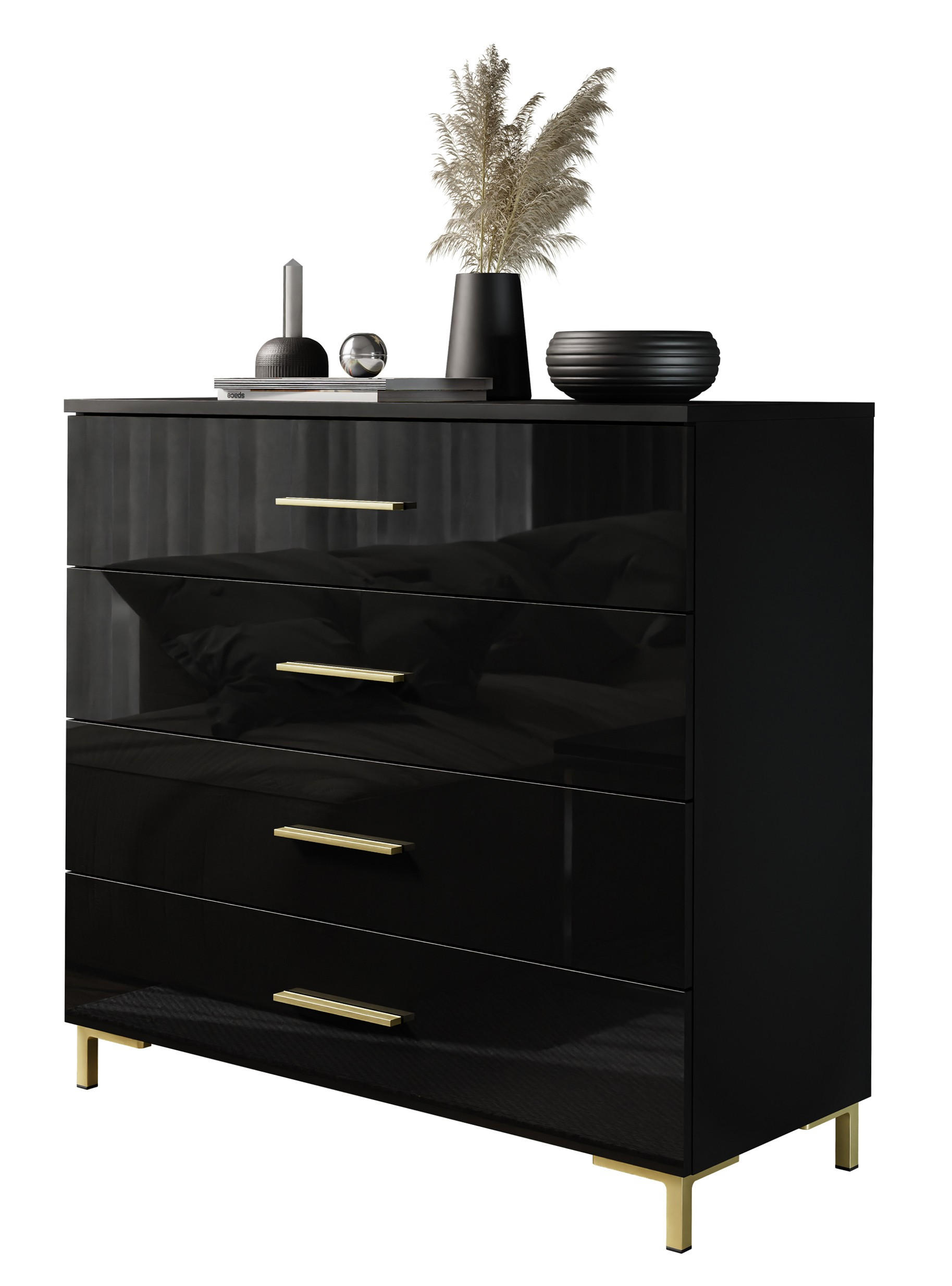 KOMMODE LINA GOLD mit goldenen Griffen und Beinen Schwarzer Glanz LED - Schwarz, Holzwerkstoff (95/86/40cm) - Lookway