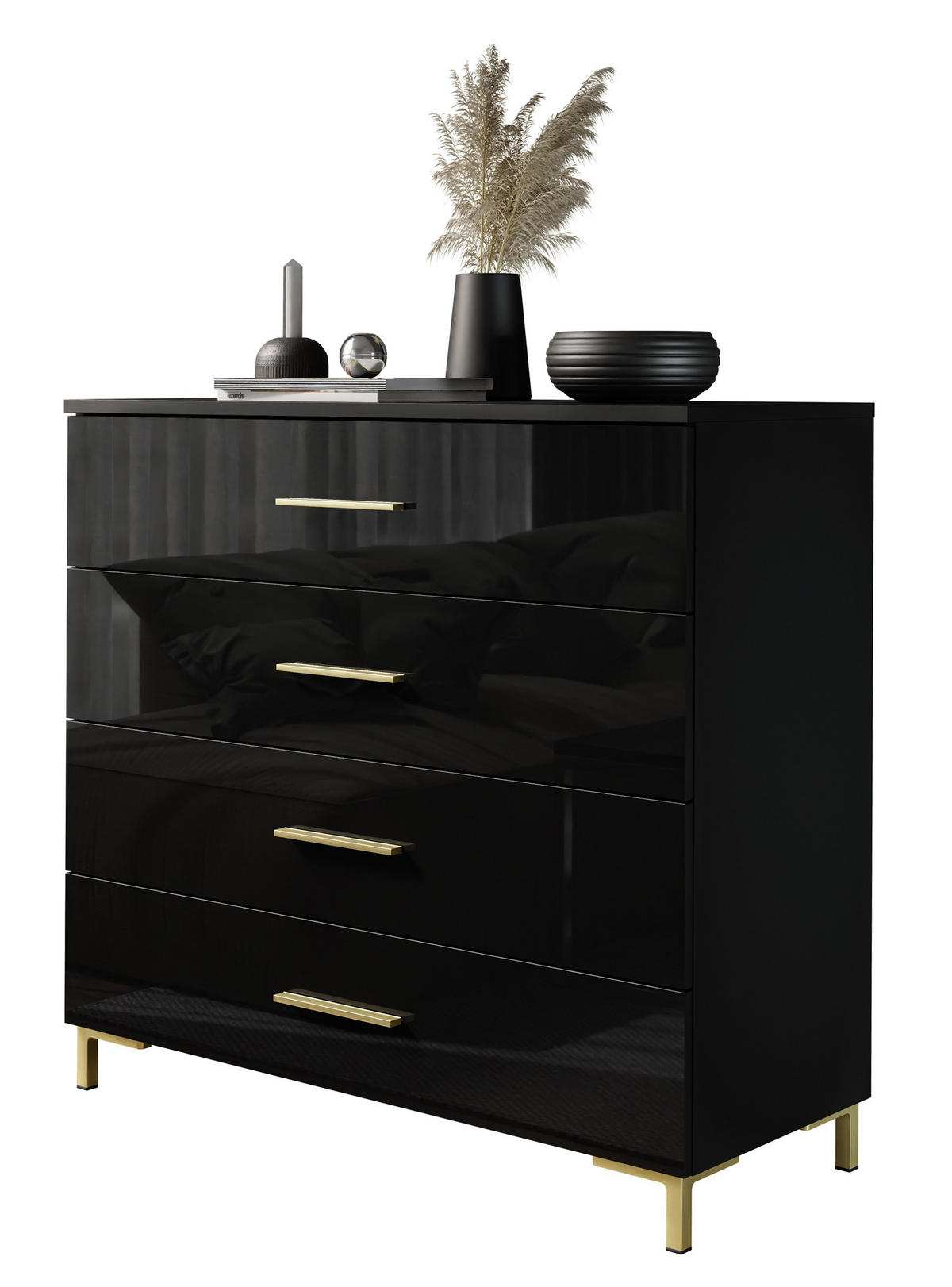KOMMODE LINA GOLD mit goldenen Griffen und Beinen Schwarzer Glanz LED - Schwarz, Holzwerkstoff (95/86/40cm) - Lookway
