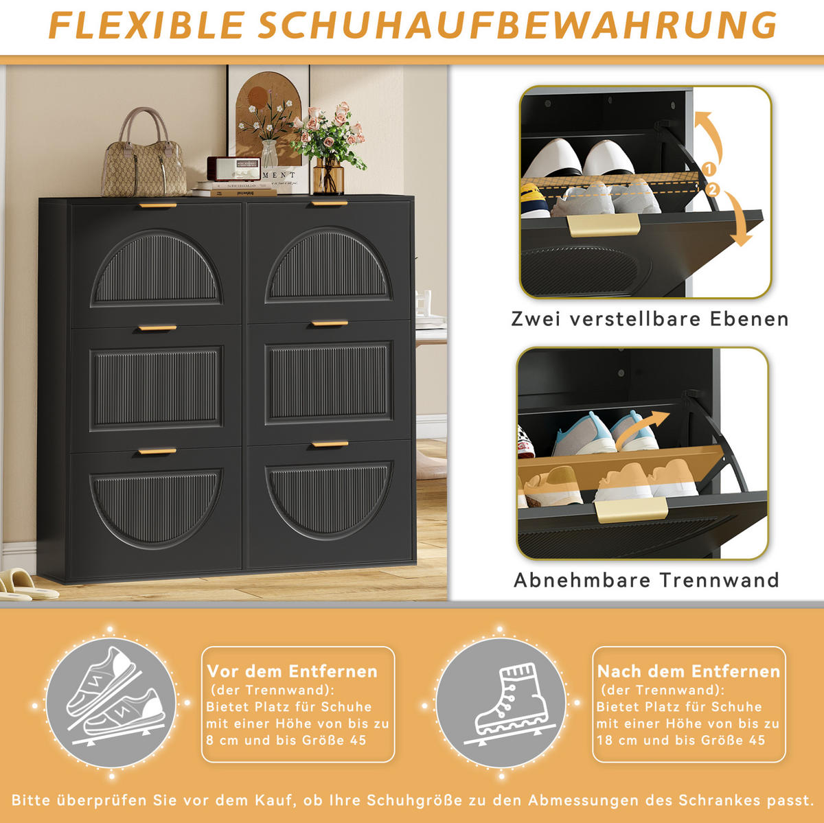 SCHUHSCHRANK 118/25/115 cm mit 6 Klappen, schmales Design in Schwarz - Schwarz, Holzwerkstoff (118/115/25cm) - BEAOK