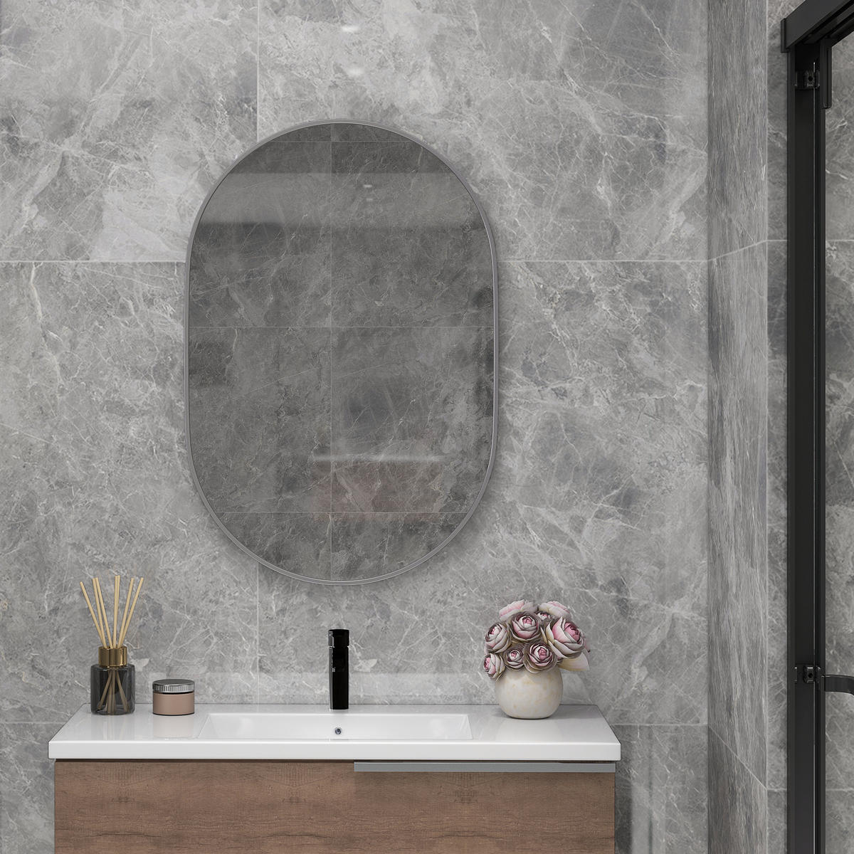 BADEZIMMERSPIEGEL Ovaler Wand-Badezimmerspiegel mit Aluminiumrahmen, 60 x 90 cm ,Silber - Silberfarben, Glas (3/90/60cm) - Vallsero