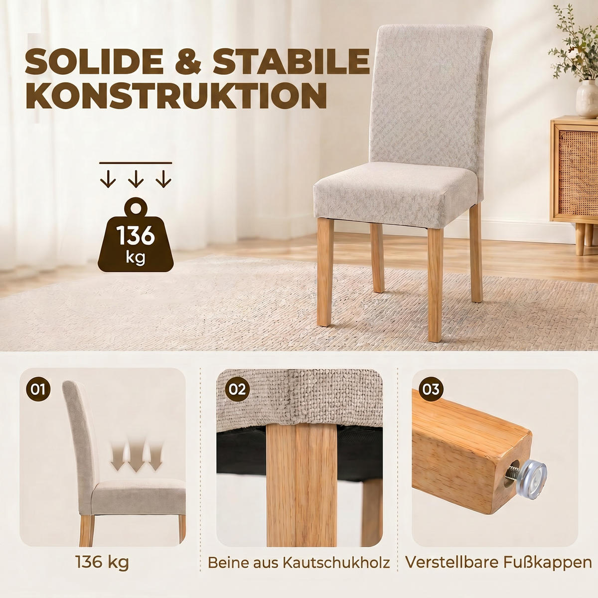 ESSZIMMERSTUHL 2er Set Polyester Gummibaumholz Creme - Creme/Naturfarben, Holz/Textil (46/88/56cm) - HOMCOM