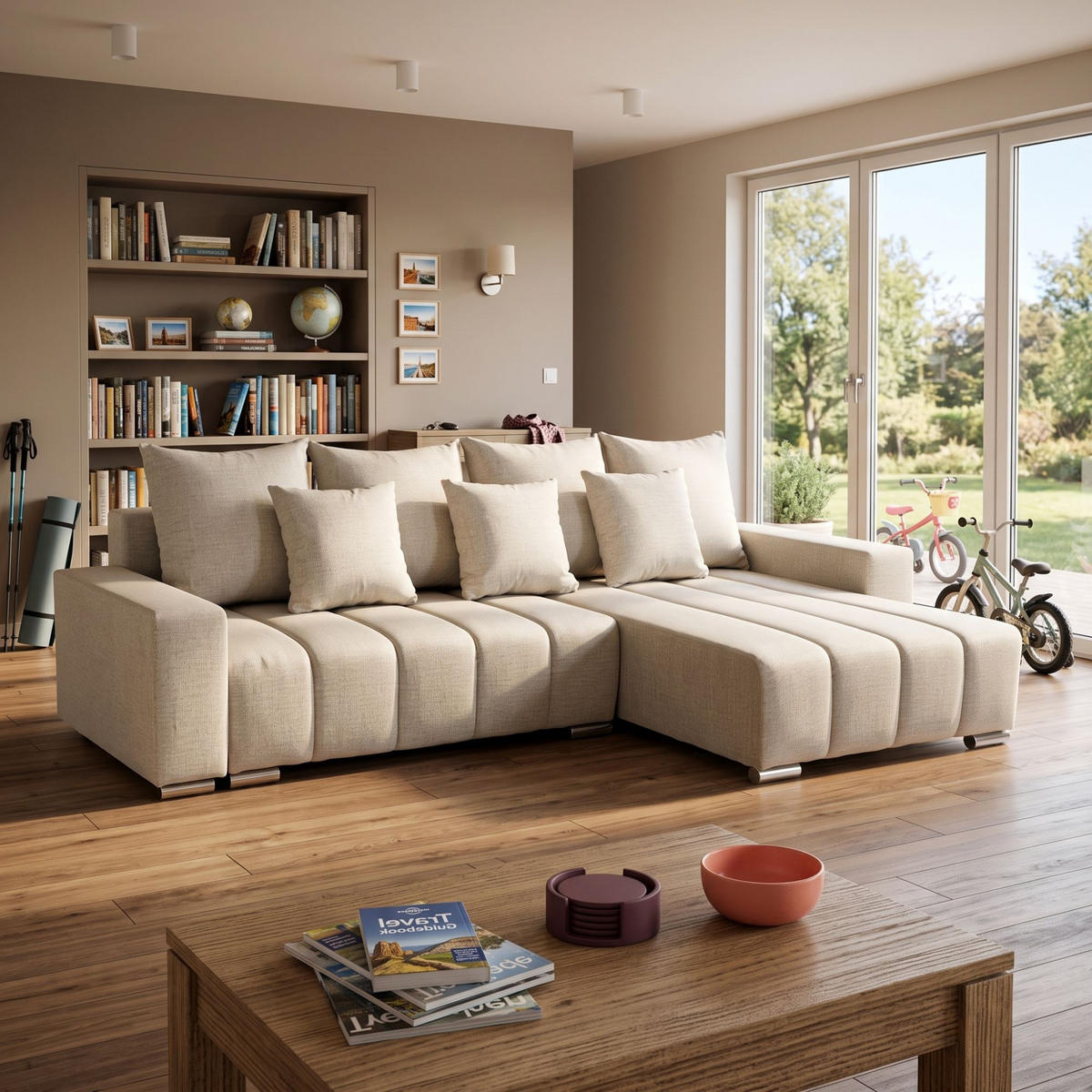 ECKSOFA Piano L Rechts mit Schlaffunktion 137x234 Velours Creme - Silberfarben/Creme, Holz/Textil (178/278cm) - Muffo