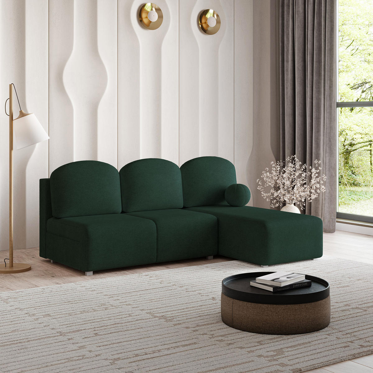 ECKSOFA TRAMA Grün Geflochtener Stoff mit Schlaffunktion - Grün, Holz (200/143cm) - MASSENO
