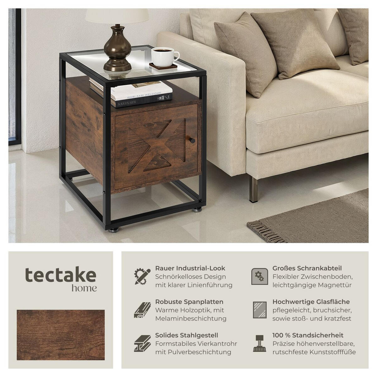 NACHTSCHRANK Kidderminster,40 x 43 60,5 cm,Industrial Holz dunkel, rustikal - Rostfarben, Holzwerkstoff (43/60.5/40cm) - tectake