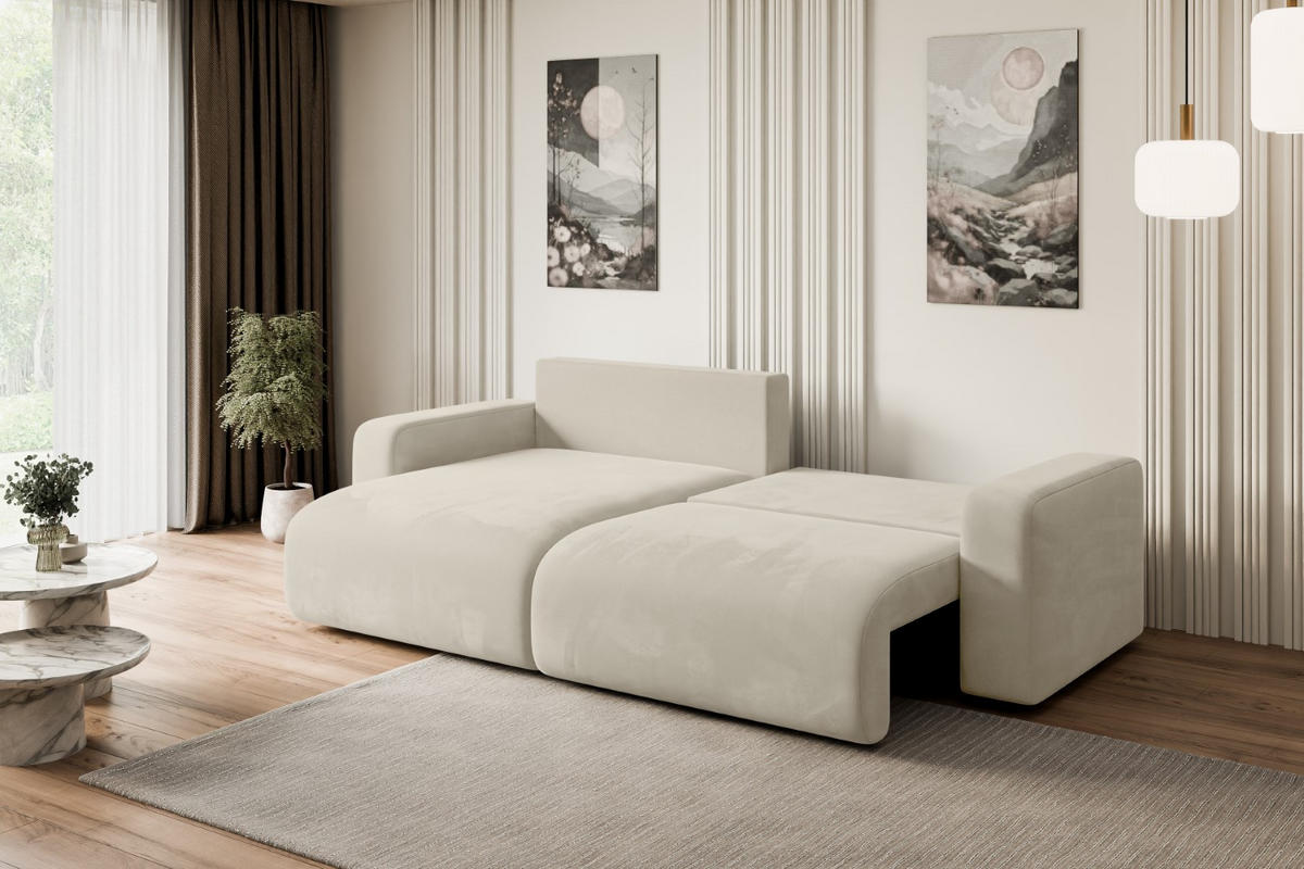 ECKSOFA mit Schlaffunktion und Bettkasten KLEEA-L - 247x143x83 cm Beige Velours - Beige/Schwarz, Holzwerkstoff/Kunststoff (247/143cm) - ALTDECOR