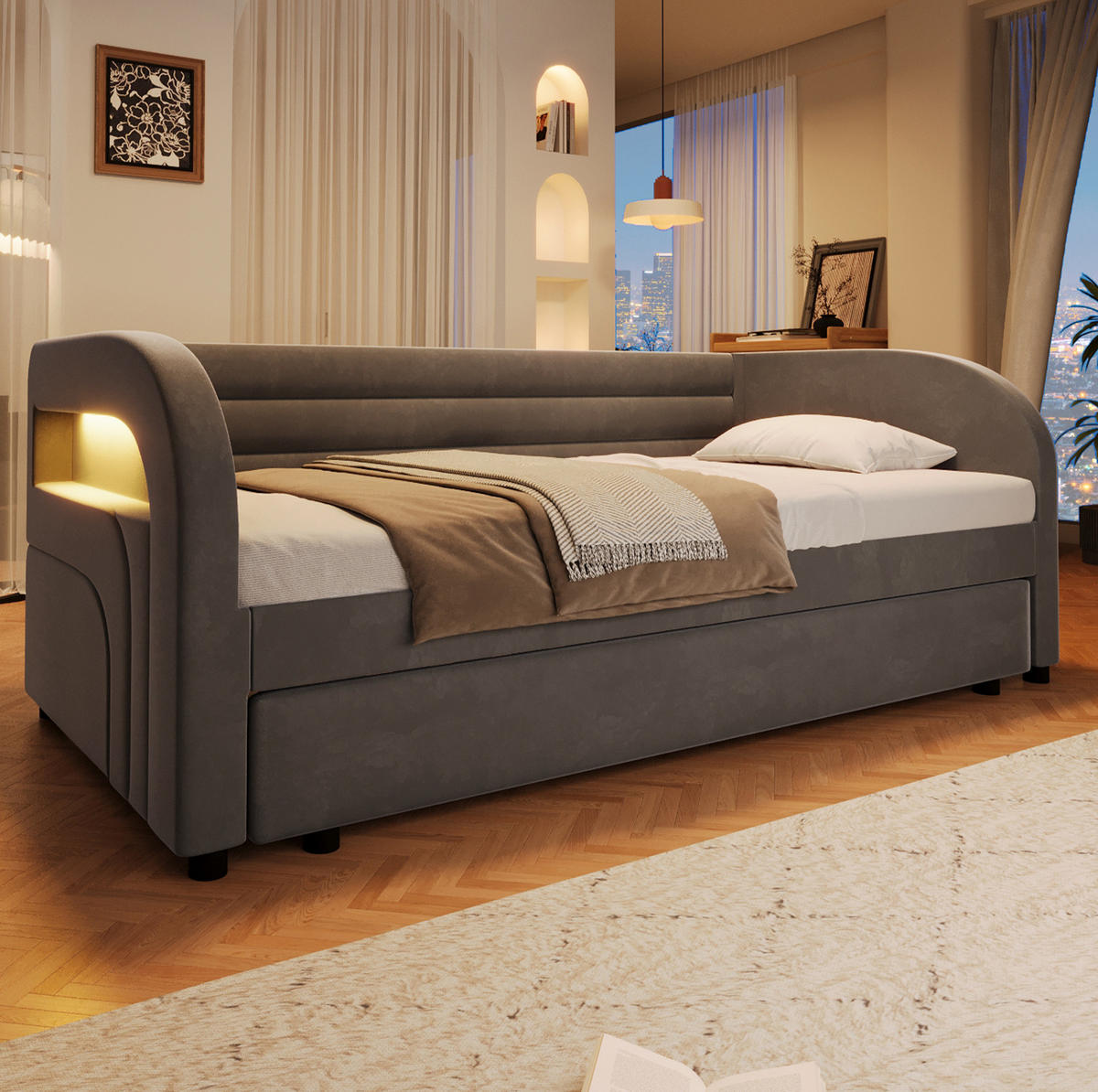 BETT 90/200 cm in Grau mit LED-Beleuchtung und Bett - Grau, Textil (90/200cm) - Flora Grace