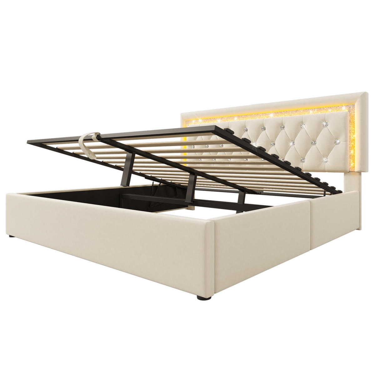 POLSTERBETT aus Samt 160x200 cm in Beige mit LED & USB/Type-C - Beige, Textil (160/200cm) - Modfu