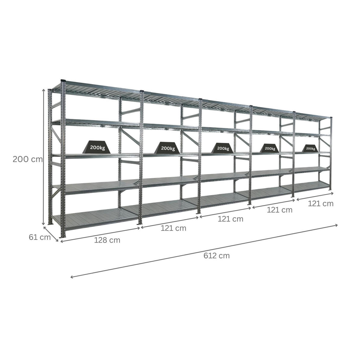 FACHBODENREGAL Proximo 200x600x60cm 5 Ebenen Fachlast 200 kg Beidseitig nutzbar Verzinkt - Silberfarben, Metall (600/200/60cm) - PROREGAL