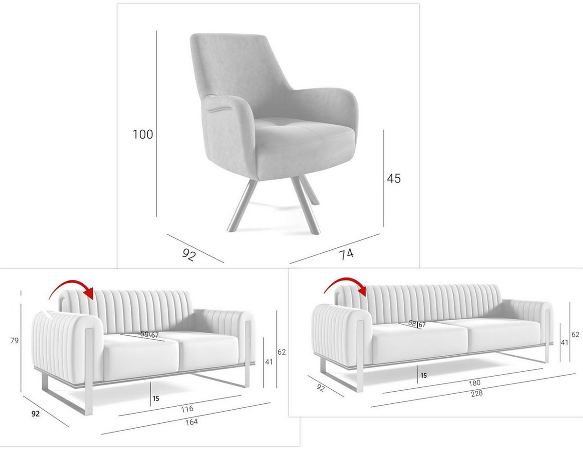 SOFASET Valerie 3-2 Und Drehsessel - Anthrazit, Holzwerkstoff/Textil (228/79/90cm) - Fun Möbel
