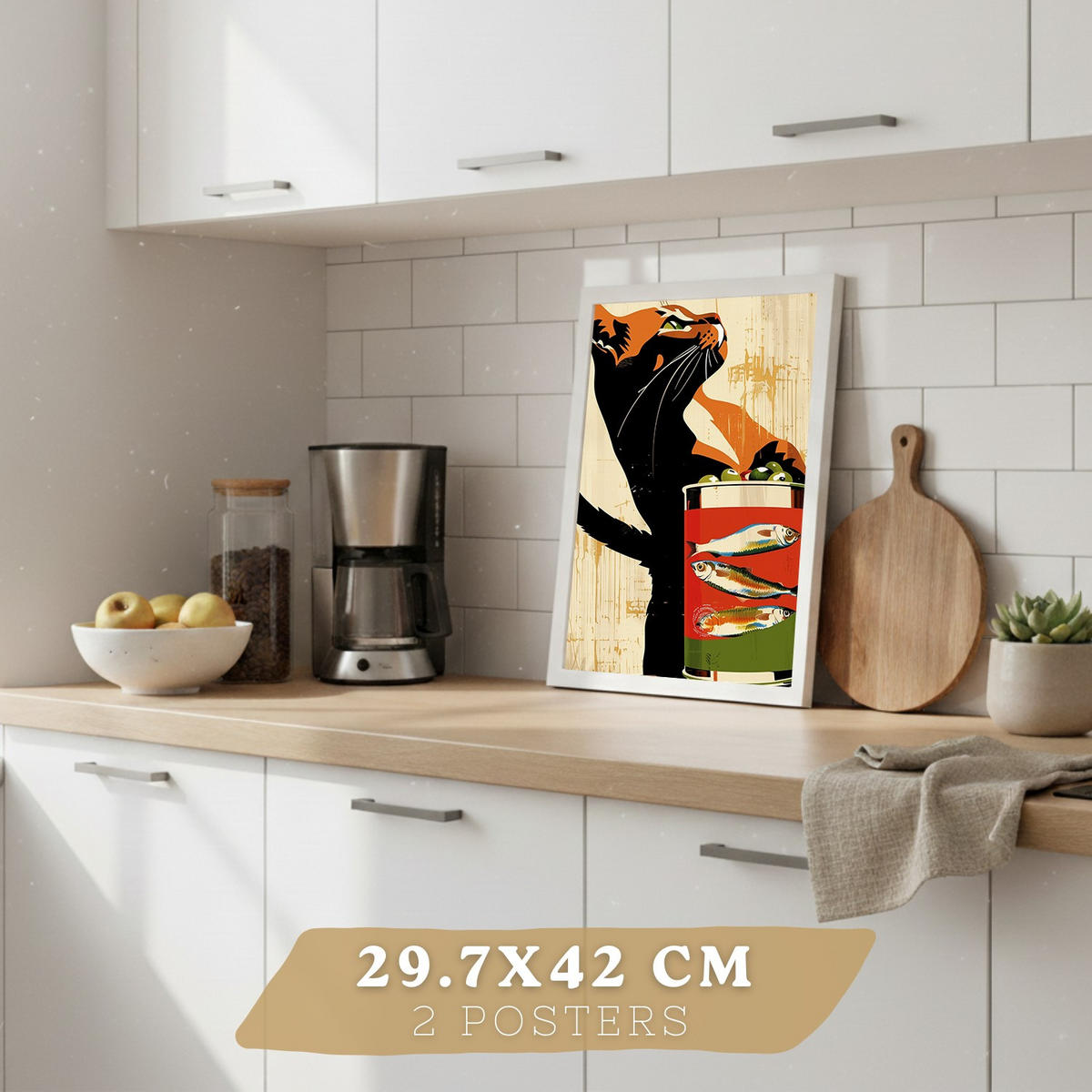 PLAKAT Sada 4 Vintage Cat A3 Bílý rám - bílá, papír (29.7/1/42cm) - Nacnic