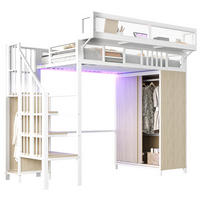 HOCHBETT aus Metall und Holz 90x200 cm Weiß mit Kleiderschrank, LED-Beleuchtung und Aufbewahrungsleiter - Weiß, Metall (90/200cm) - Modfu