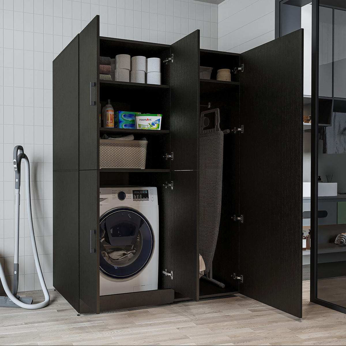 WASCHMASCHINENSCHRANK DORA-II 130cm Breit, 186cm Hoch - Schwarz, Holzwerkstoff (130/186/73.8cm)