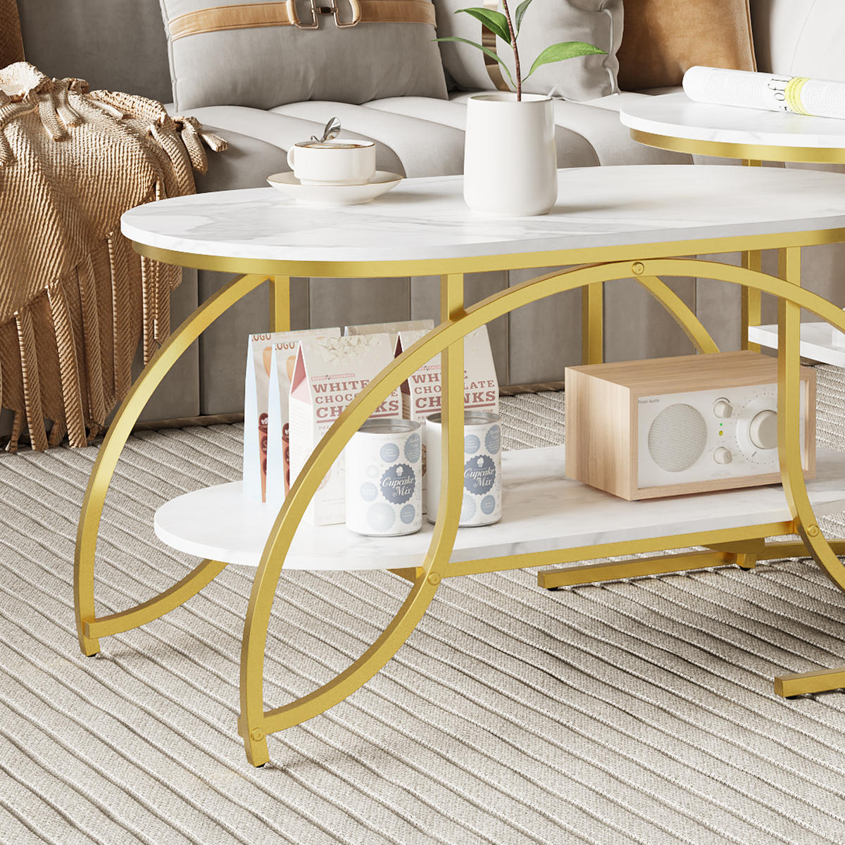WOHNZIMMERTISCH rund, Couchtisch mit Metallrahmen, Gold, platzsparend - Goldfarben, Metall (80/46/45cm) - PARAFTA HOME