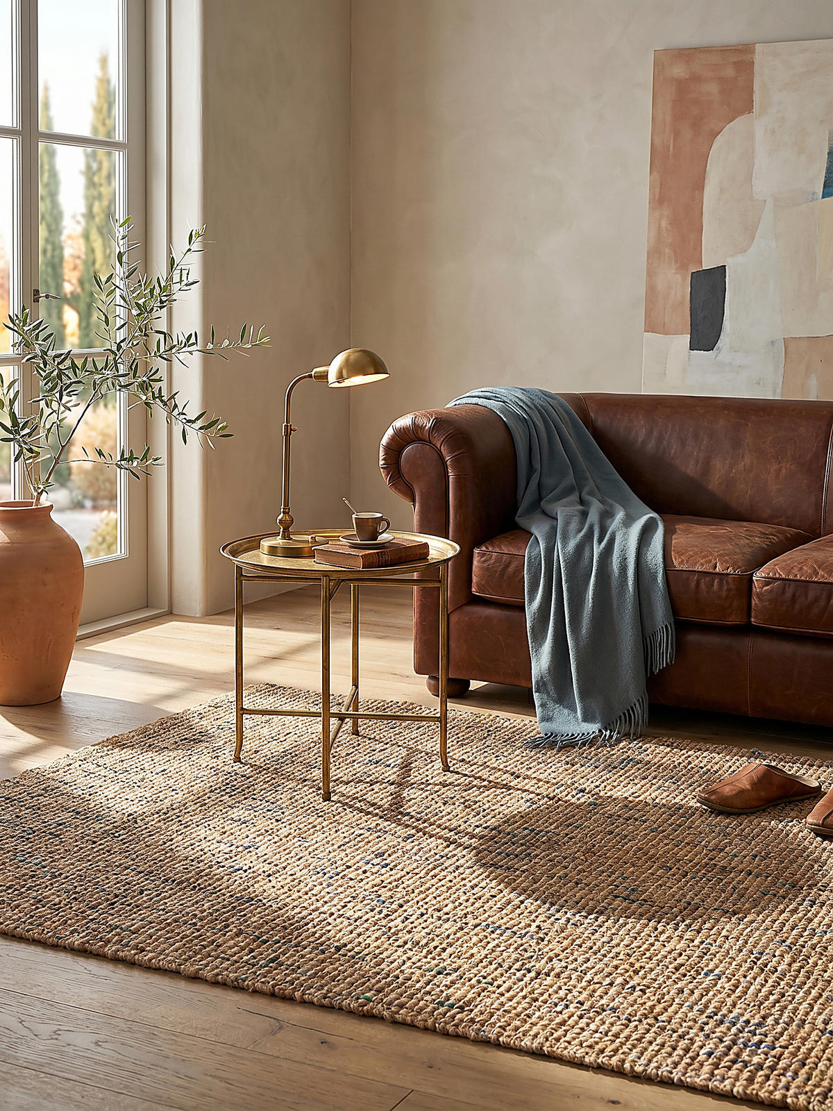 JUTETEPPICH Jute Naturbelassen, Wohnzimmer Natur-Blau Rechteckig 200x290 - Beige, Textil (290/200cm) - KADIMA DESIGN