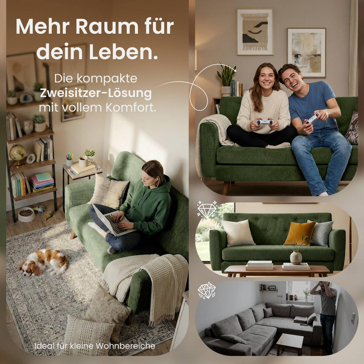 SOFA 120/74 cm Cord Grün - Braun/Grün, Holz/Textil (120/81/74cm) - CLP