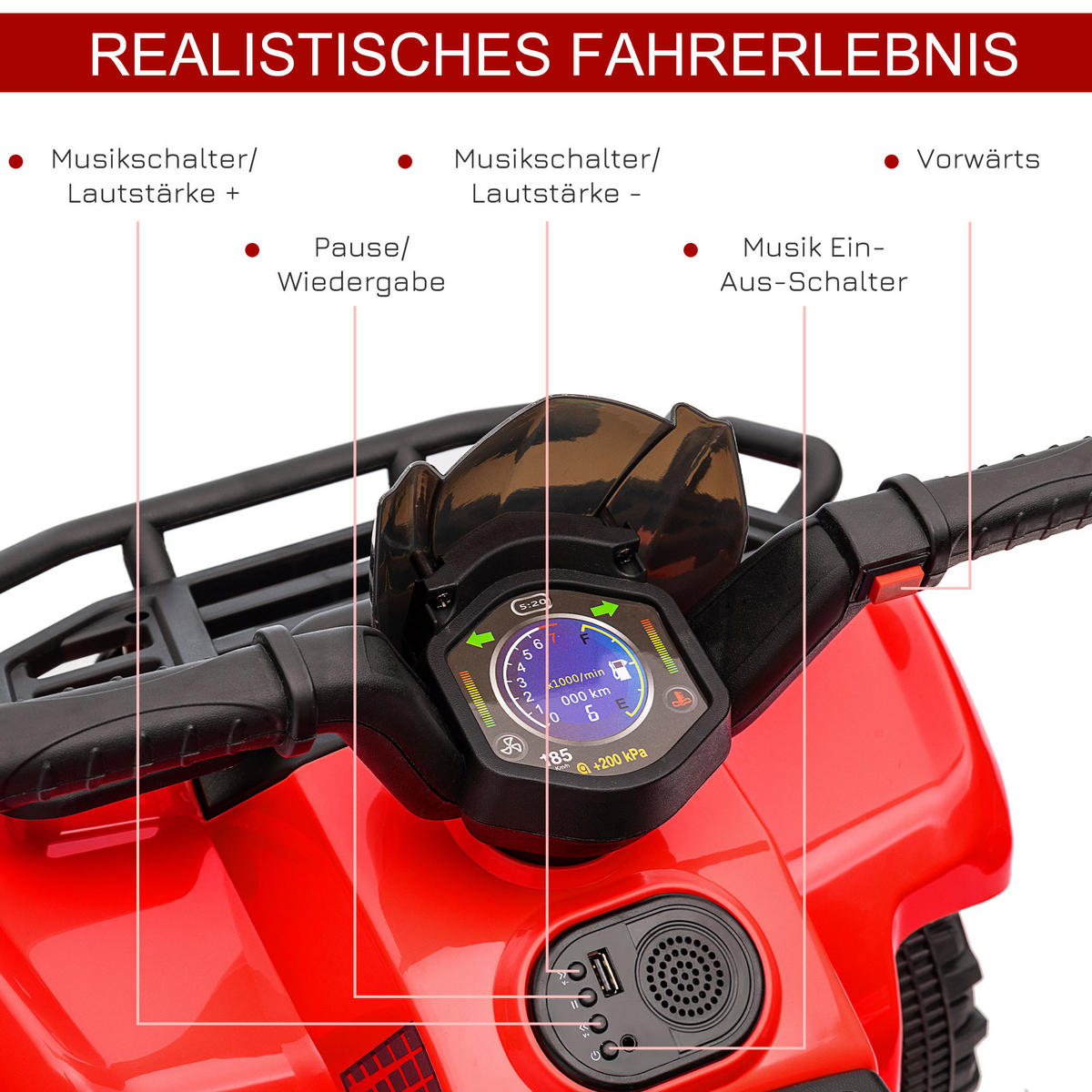 MINI ELEKTRO-QUAD KINDER, Schwarz/Grün/Rosa/Rot, Metall+ PP-Kunststoff - Rot, Metall (70/42/45cm) - HOMCOM