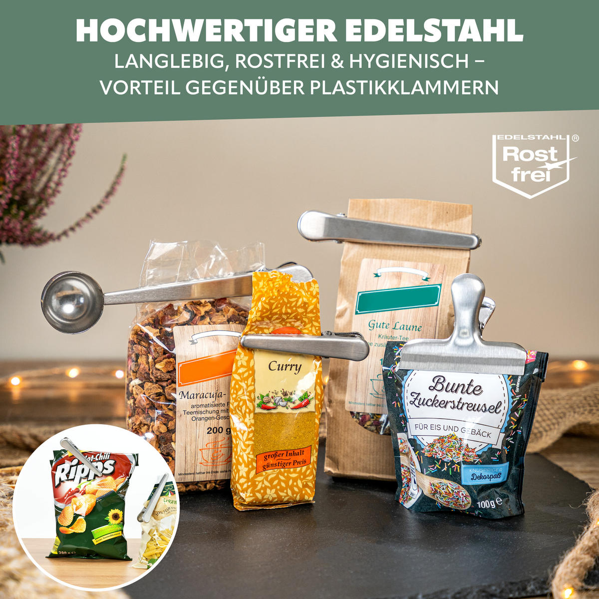 VERSCHLUSSKLAMMERN 7er-Set, silber - Edelstahlfarben, Metall (2.5/2.5/17.5cm) - bremermann