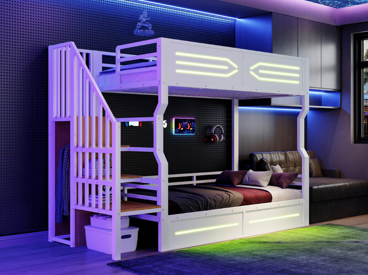HOCHBETT 90/200 cm Weiß mit LED und Stauraumtreppe - Weiß, Metall (90/200cm) - MIVRAY