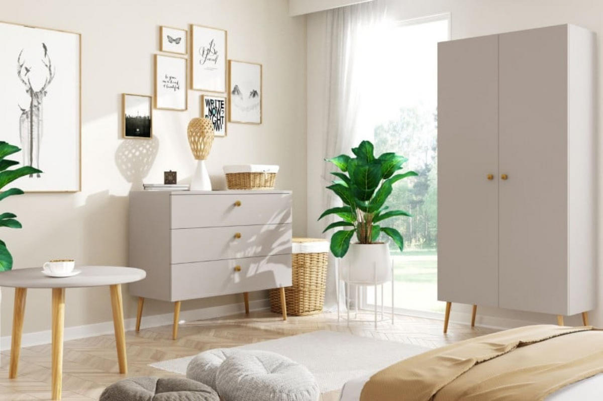 SCHRANK Kaschmir Boho Tiefe Holzbeine 2 Regale Und Kleiderstange - Kaschmir/Eichefarben, Holzwerkstoff (100/202/52cm) - Sepro Meble