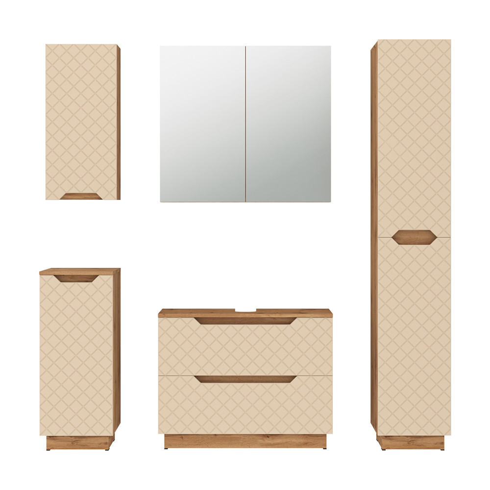 BADMÖBEL-SET Lotta Eiche/Kaschmir mit Kachelstruktur 5 Teile - Kaschmir, Holzwerkstoff (79.6/62.1/32cm) - Vicco