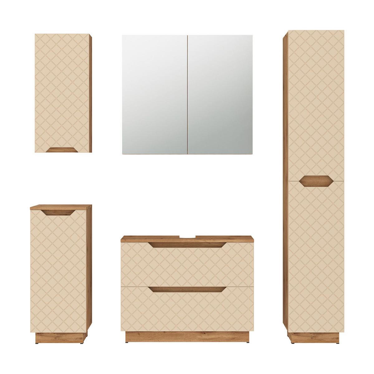 BADMÖBEL-SET Lotta Eiche/Kaschmir mit Kachelstruktur 5 Teile - Kaschmir, Holzwerkstoff (79.6/62.1/32cm) - Vicco