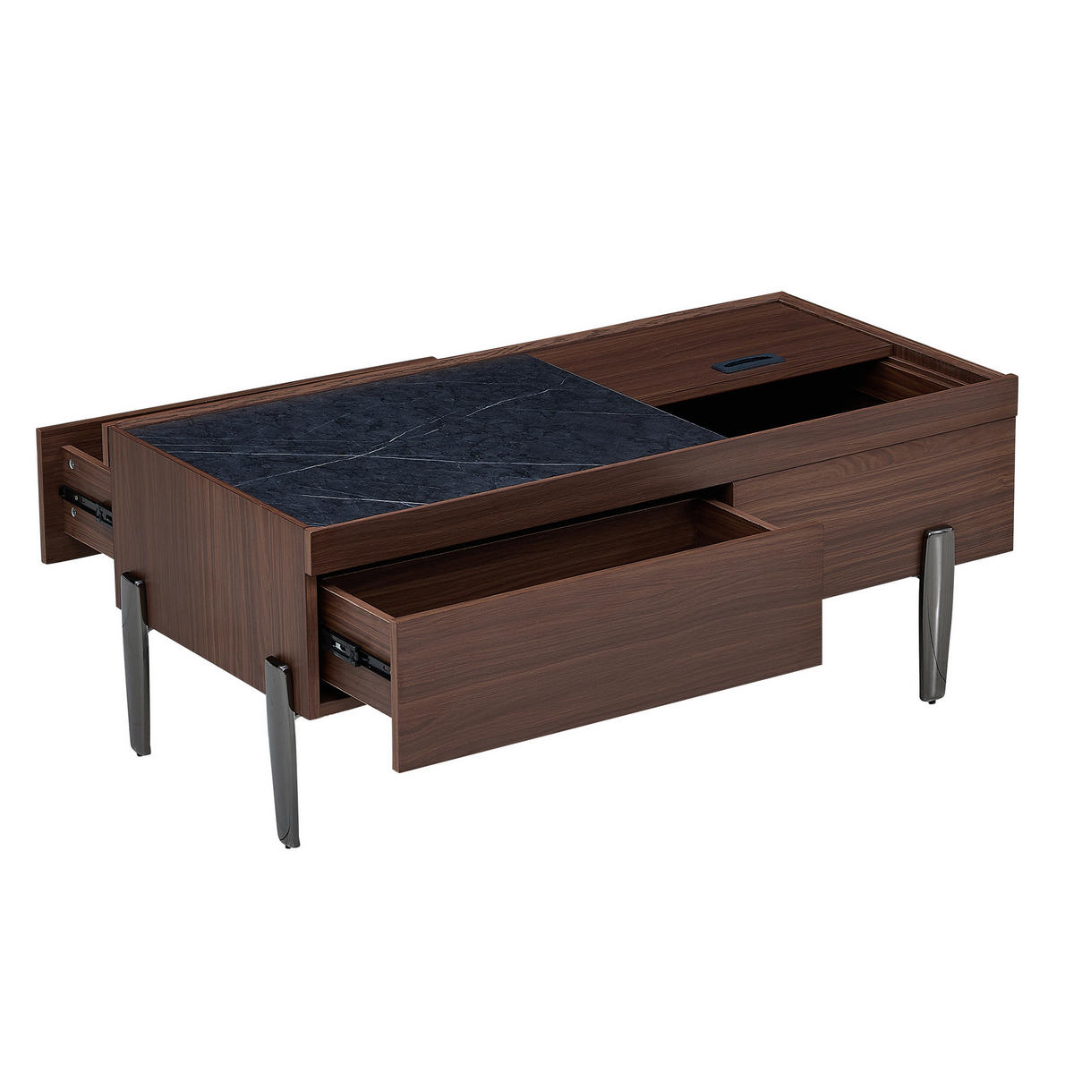 COUCHTISCH mit Schubladen & Glasplatte, MDF dunkelbraun, silbergraue Metallbeine, 105/50/41,5 cm, Dunkelbraun und dunkles Marmormuster - Dunkelbraun, Holzwerkstoff (105/50/41.5cm) - Redom