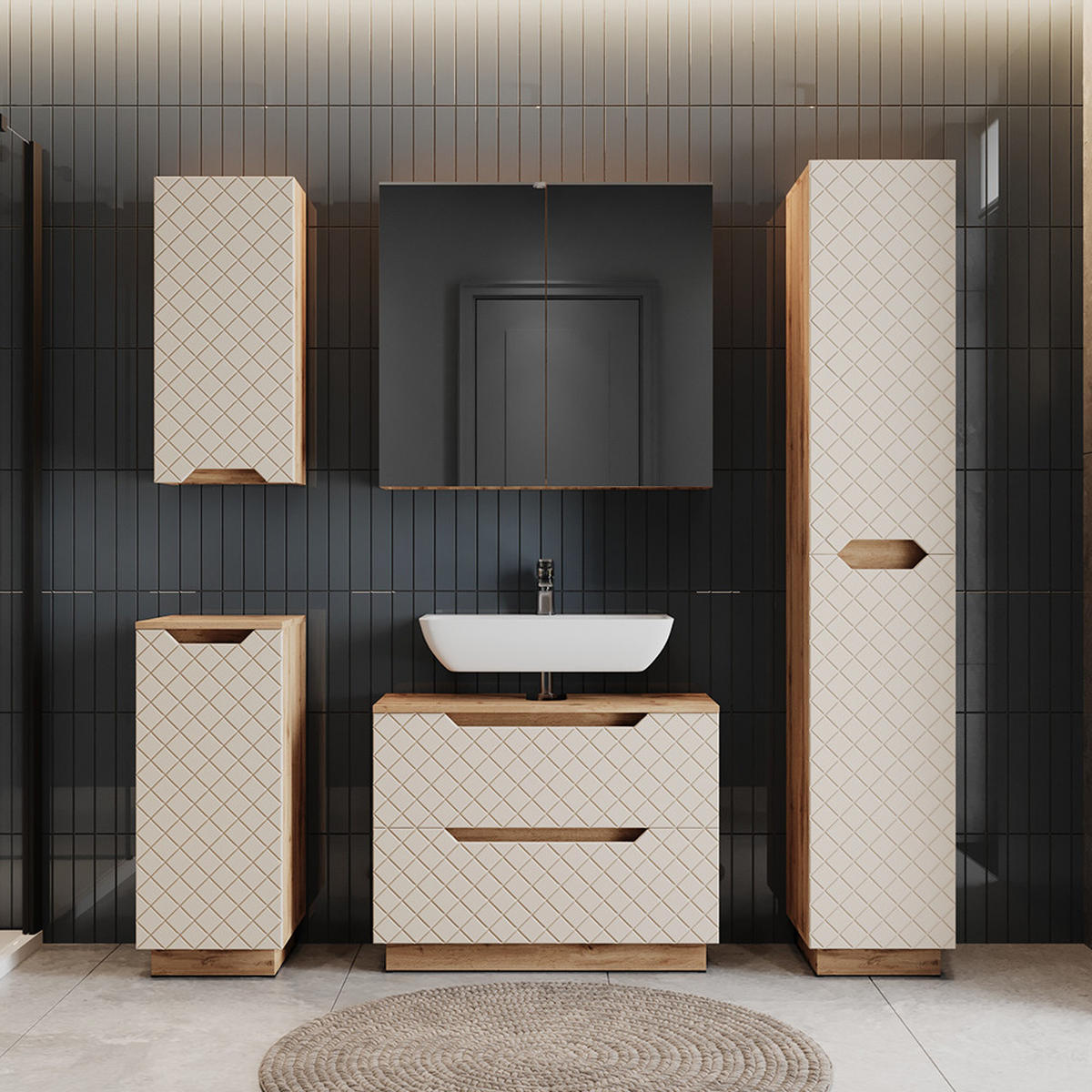 WASCHBECKENUNTERSCHRANK Lotta Eiche/Kaschmir mit Kachelstruktur 79.6 x 62.5 cm mit 2 Schubladen - Kaschmir/Eichefarben, Holzwerkstoff (79.6/62.5/32cm) - Vicco