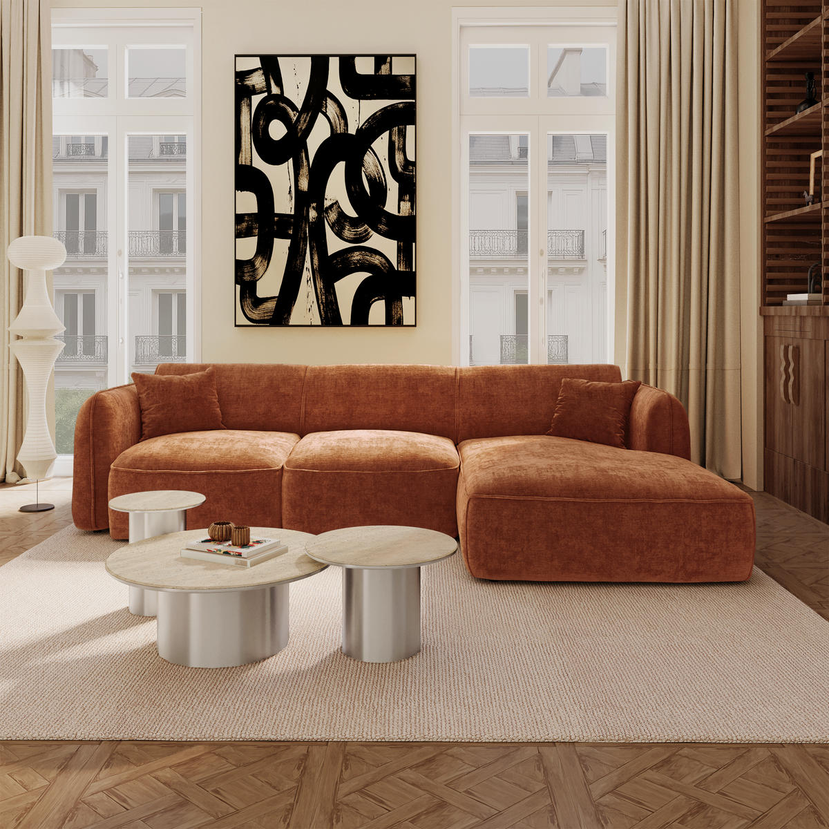 ECKSOFA rechtwinklig LOMI Geprägter Samt Terrakotta 274cm - Dunkelorange/Terracotta, Textil (274/174cm) - Premium Interiors