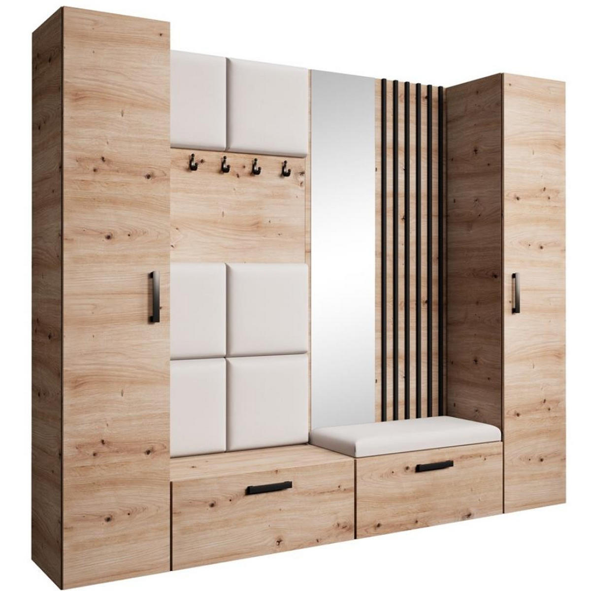 GARDEROBE Margaret XL 242/203/43 mit gepolsterten Paneelen/Lamellen/Spiegel - Beige/Schwarz, Holzwerkstoff/Kunststoff (242/203/43cm) - Beautysofa