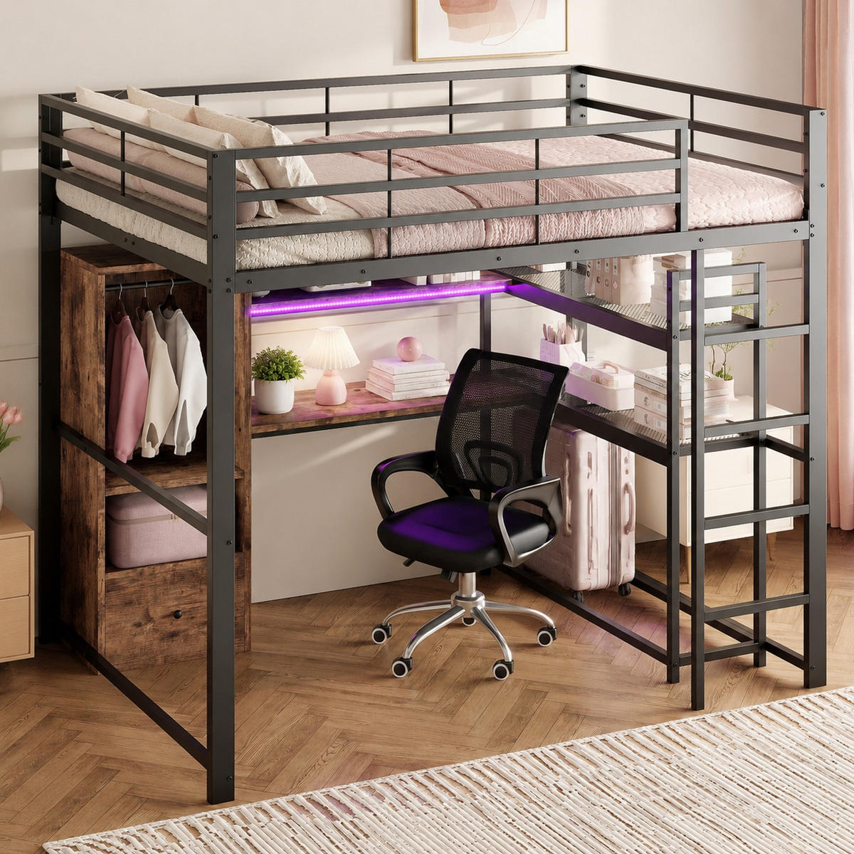 HOCHBETT 140/200 mit LED, Schreibtisch und Schublade in Schwarz - Schwarz, Holz/Holzwerkstoff (140/200cm) - EVRYAE
