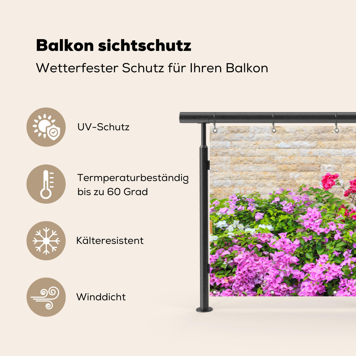 BALKON-SICHTSCHUTZ Blumen - Pflanzen - Blätter - Steine - Pink, Kunststoff (300/90cm) - MuchoWow