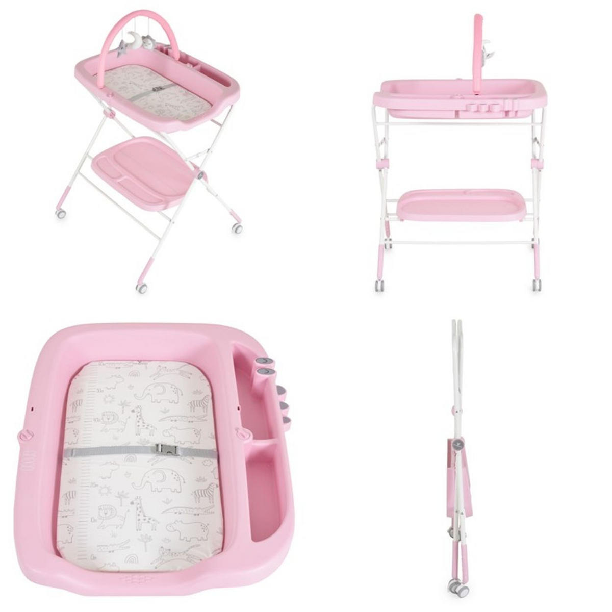 WICKELTISCH Croco klappbar rosa Spielbogen, Räder mit Bremse, 5-fach höhenverstellbar, Sicherheitsgurt - Rosa, Kunststoff (77/126/68cm) - Cangaroo