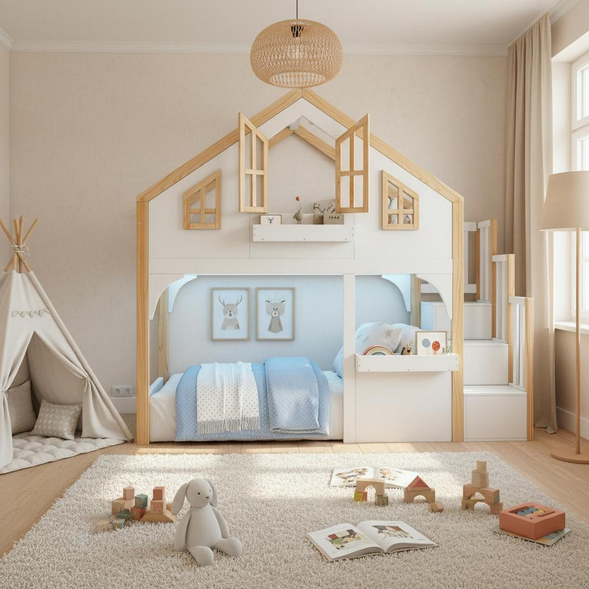ETAGENBETT 90/200 cm in Weiß & Natur mit Stauraumtreppe und LED - Weiß, Holz/Holzwerkstoff (90/200cm) - WISHDOR