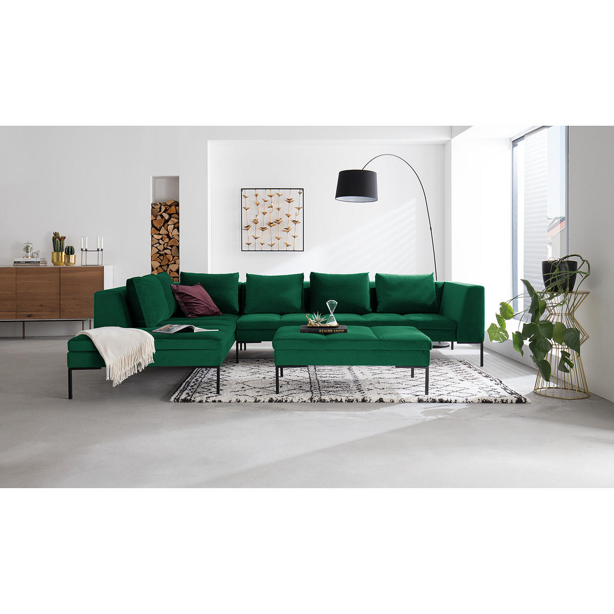 ECKSOFA mit Ottomane - Dunkelgrün/Schwarz, Textil/Metall (319/230cm) - home24