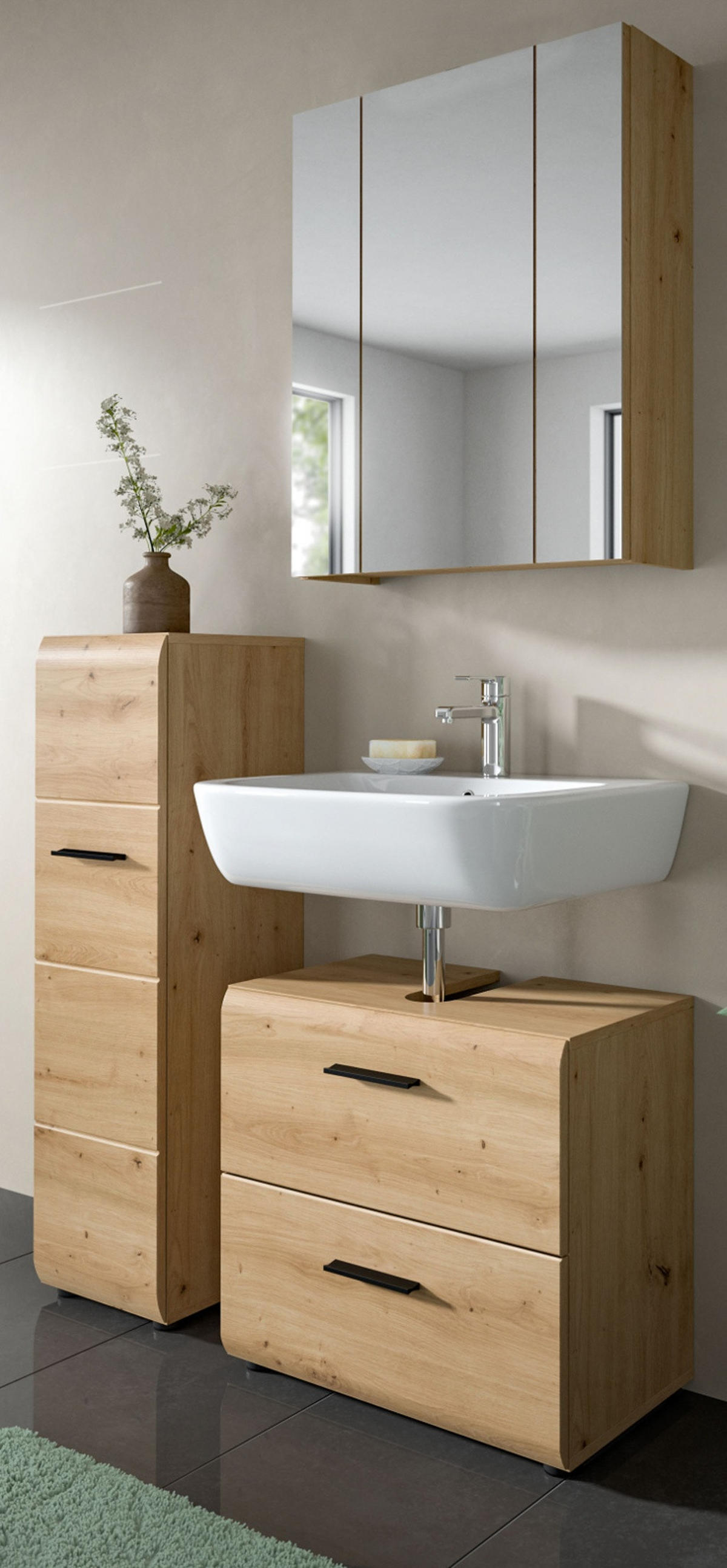 BADMÖBEL-SET 3-teilig, Artisan Eiche, Badkombination 105 x 185 cm, Cover - Schwarz/Eiche Artisan, Glas/Holzwerkstoff (105/185/30cm) - Inn.Furn